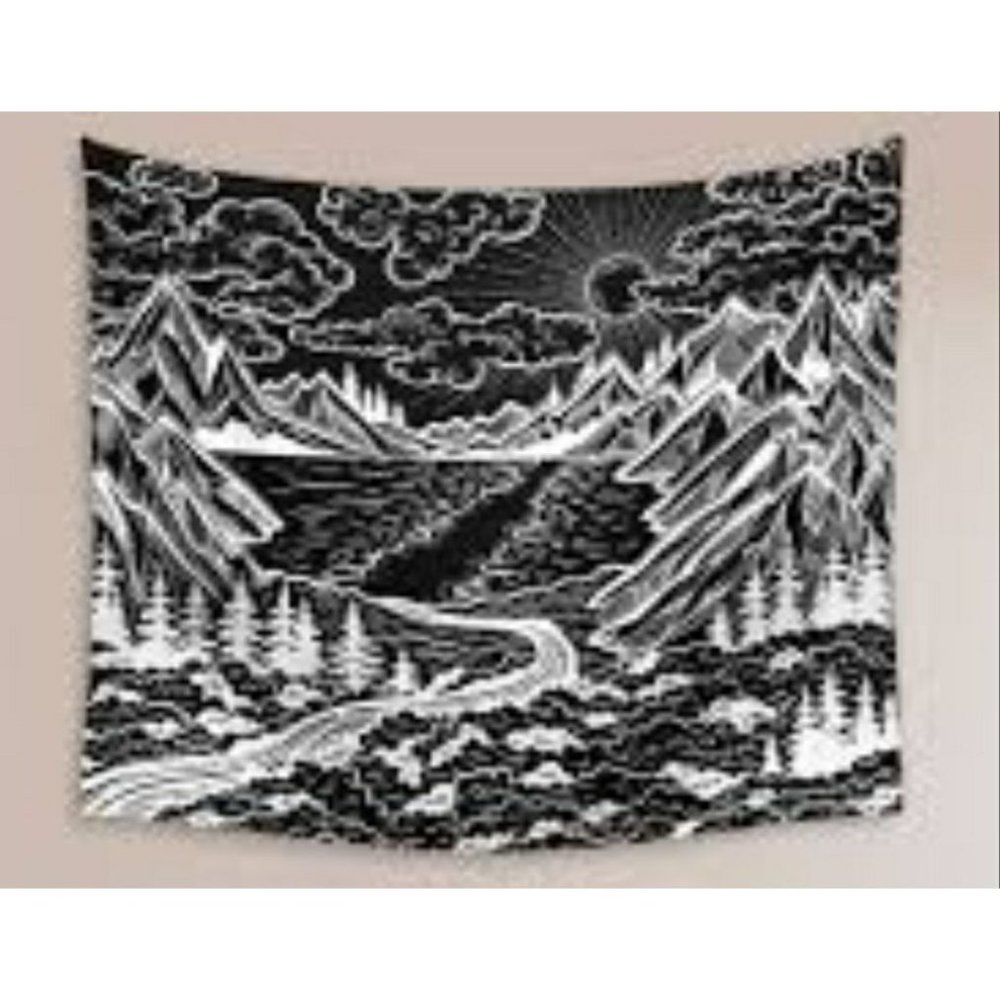 Black &white tapestry sun, mountains, river